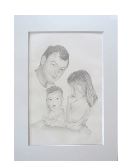 Bleistiftzeichnung Vater mit seinen Kindern 70x50 cm