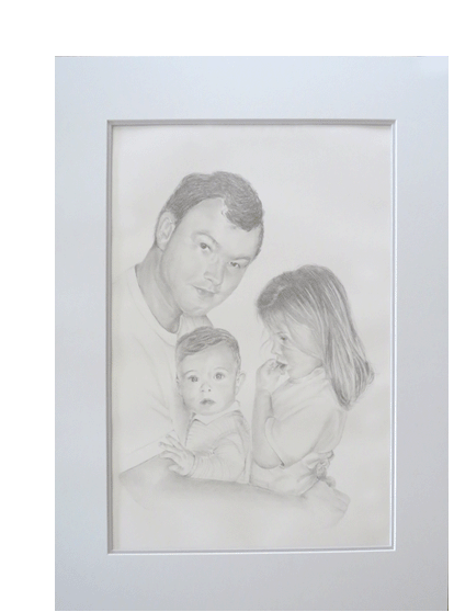 Pensildrawing Father with his kids 70x50 cm