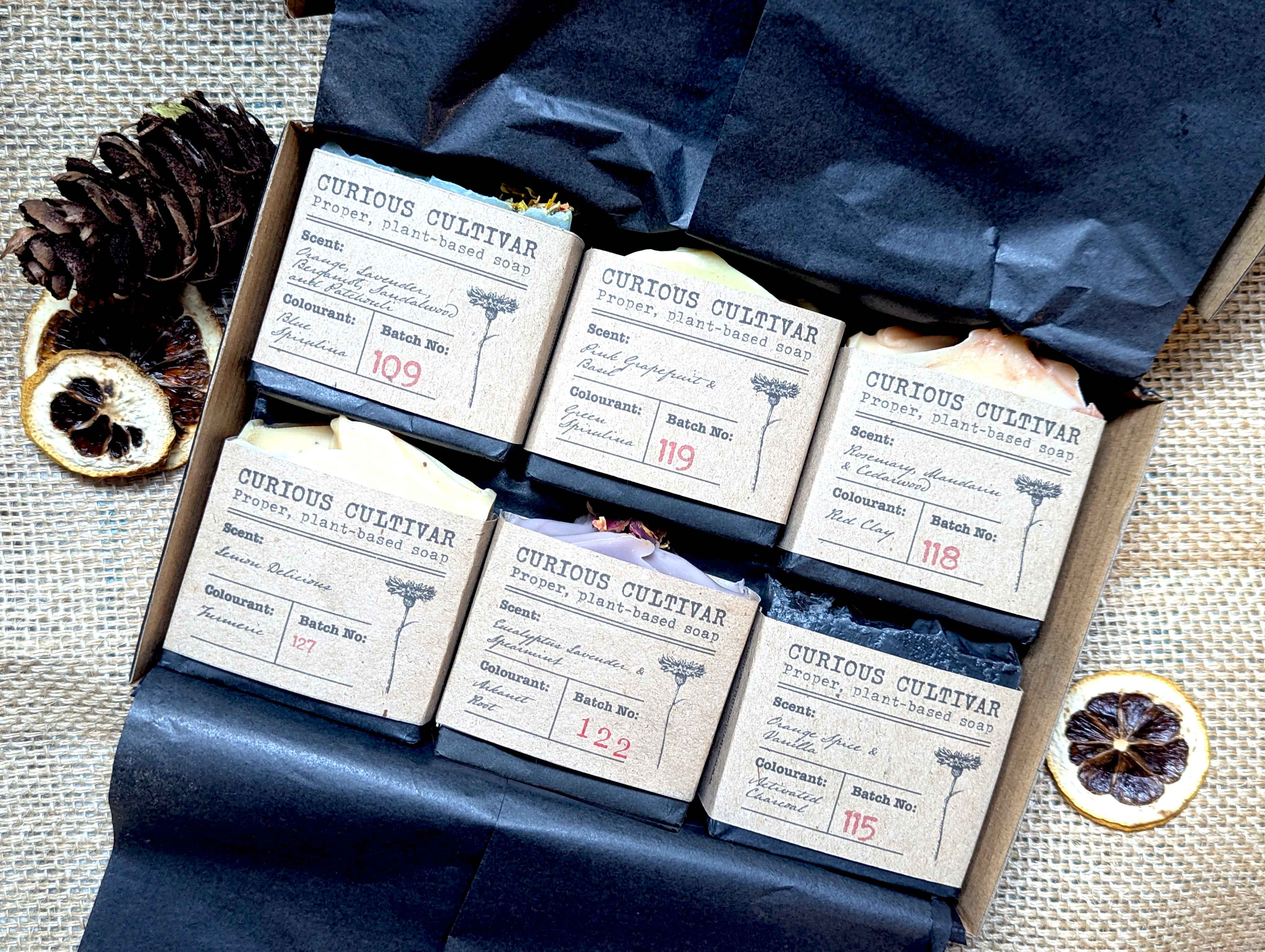 Image of 6 soaps sitting in a box