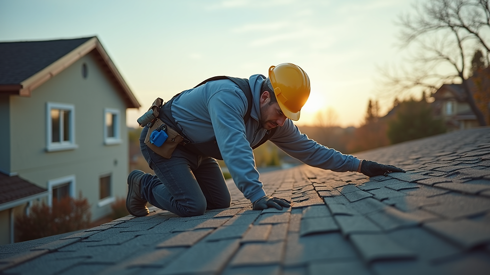 Eye-level view of a roofing contractor inspecting a residential roof in a suburban neighborhood