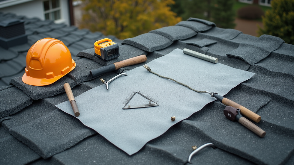 High angle view of roofing materials and tools laid out on a roof