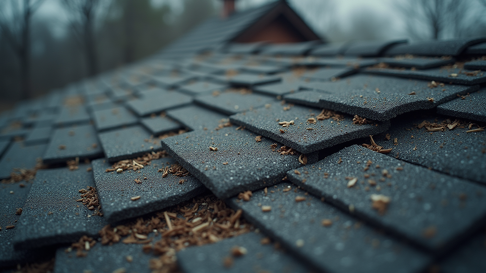 High angle view of roof with missing shingles after storm