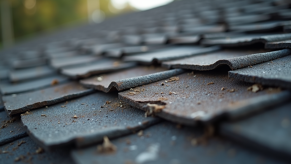 Close-up view of damaged roof shingles with curling edges