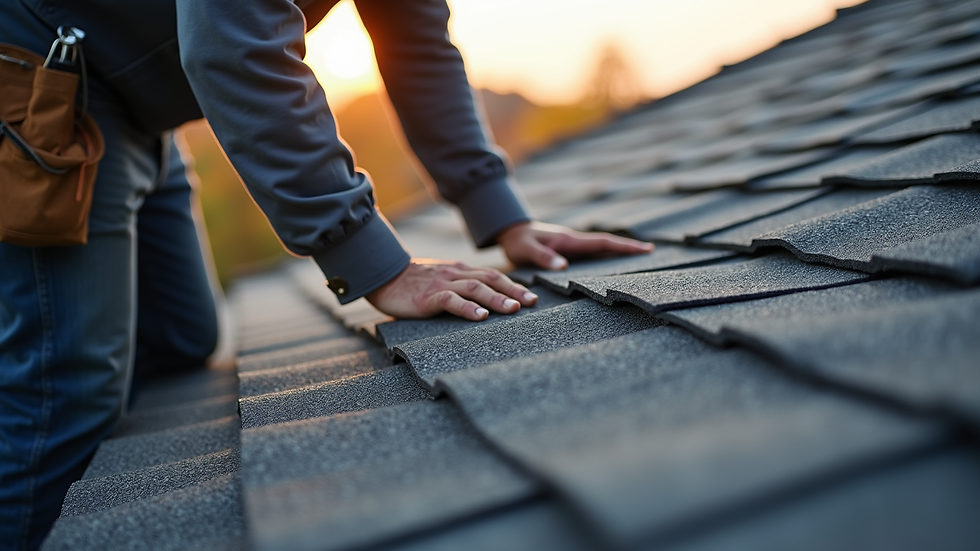 Close-up view of a roofer inspecting asphalt shingles on a residential roof