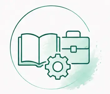 Icon für Coaching-Module mit Buch, Aktenkoffer und Zahnrad
