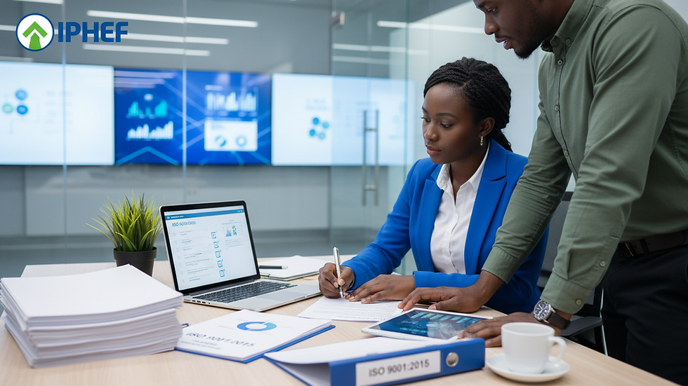 Vue rapprochée d’un bureau avec documents et ordinateur portable pour la préparation à la certification ISO