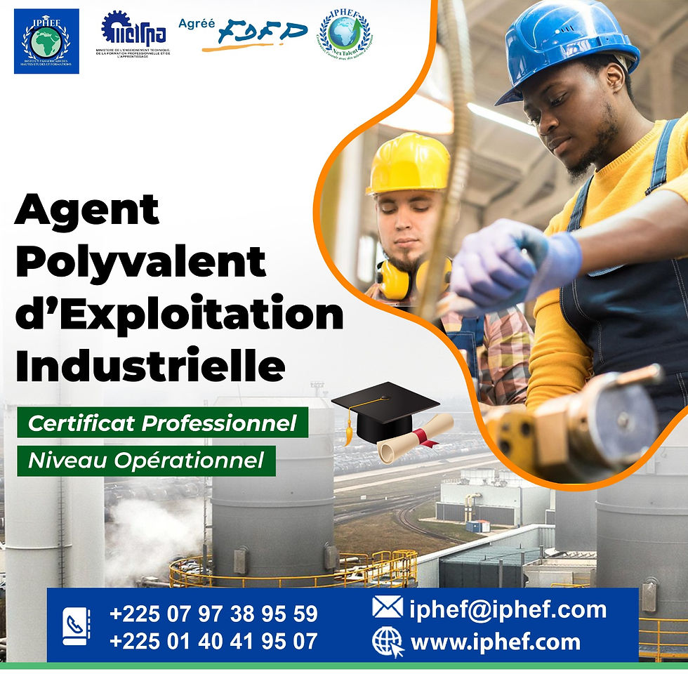 QU’EST-CE QU’UN AGENT POLYVALENT D’EXPLOITATION INDUSTRIELLE ?  C’est un professionnel de terrain capable d’occuper différents postes au sein d’un atelier, d’un site logistique ou d’une ligne de production. Il réalise des tâches essentielles : préparation, production, contrôle, nettoyage, manutention, selon les consignes et procédures en vigueur. Sa polyvalence lui permet d’être rapidement opérationnel, de s’adapter à différents postes, et de garantir la continuité de l’activité. Il contribue à la performance de l’entreprise par sa discipline, sa vigilance et son sens du travail en équipe.