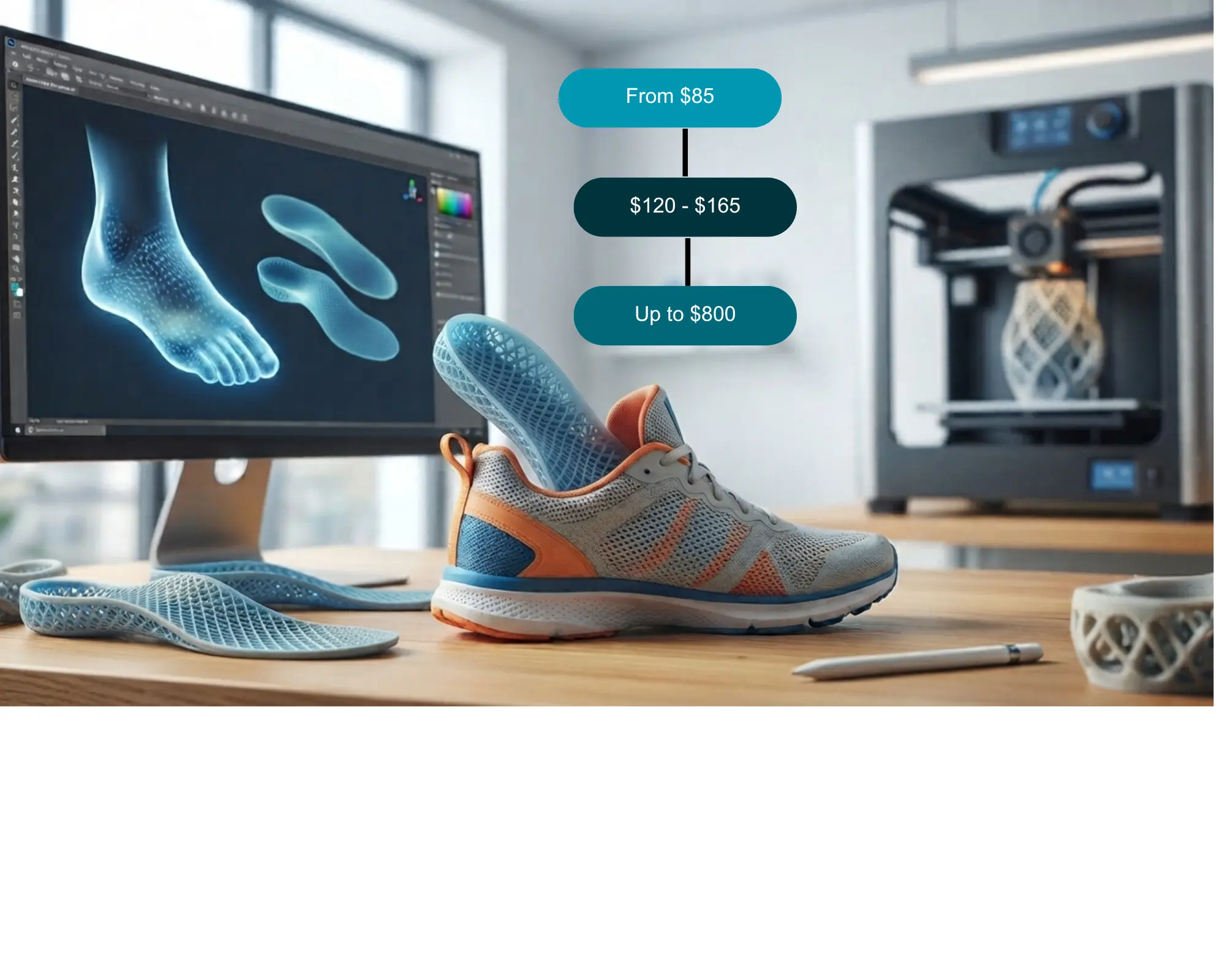 A custom 3D-printed lattice orthotic insole inside a modern athletic sneaker next to a 3D printer and foot scan software.