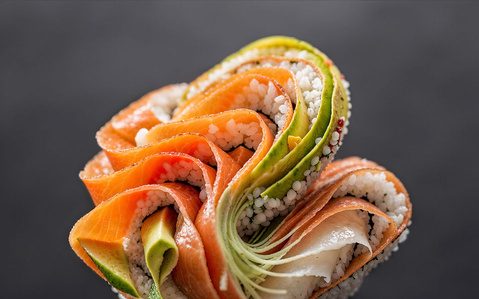 AI artwork by Ziye Liu, inspired by Windows 11 wallpaper "The Bloom," featuring a structured arrangement of sushi ingredients meticulously crafted to resemble a blooming flower.