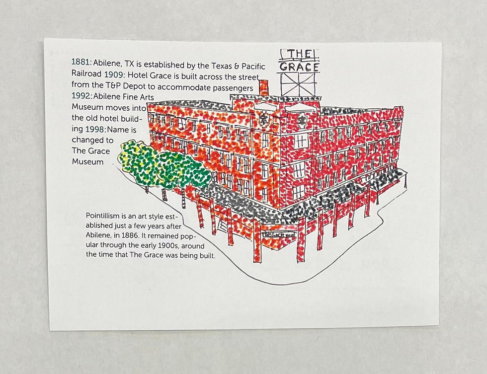 An illustration of The Grace Museum in Abilene, Texas, accompanied by a brief history of the building and the pointillism art style.