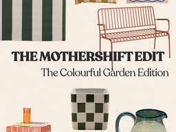Striped pillows, patterned textiles, a red bench, checkerboard vase, and lemonade in a pitcher. Text reads The Mothership Edit, The Colourful Garden Edition.