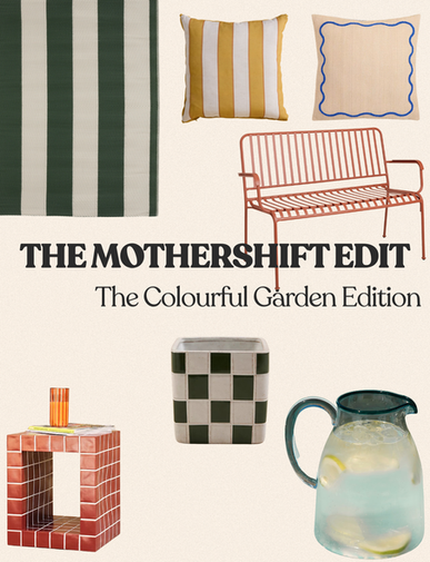 Striped pillows, patterned textiles, a red bench, checkerboard vase, and lemonade in a pitcher. Text reads The Mothership Edit, The Colourful Garden Edition.