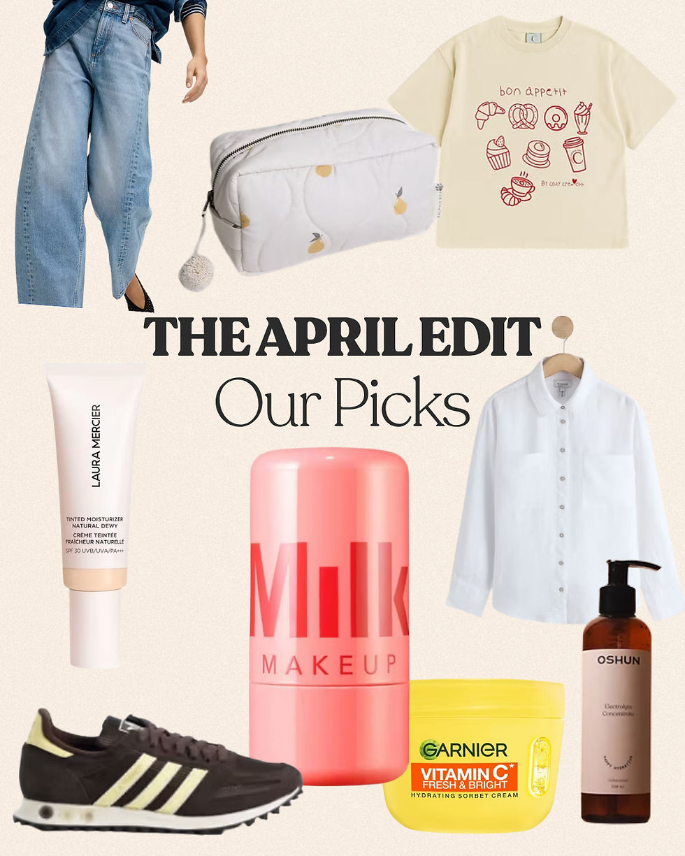 Collage of fashion and beauty items including jeans, T-shirt, pouch, moisturizer, makeup stick, sneakers, cream, shirt, and cleanser. Text: "THE APRIL EDIT Our Picks".