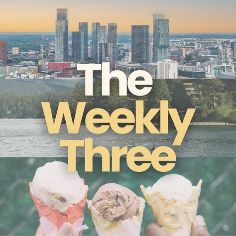 Skyline at sunset, lake, and three hands holding ice cream cones. Text: "The Weekly Three." Relaxed, vibrant mood.