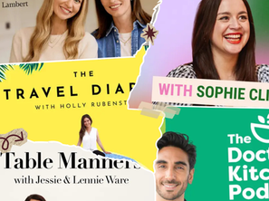Collage of podcast covers with hosts smiling; titles include The Wellness Scoop, Practical Positivity, The Travel Diaries, Table Manners.