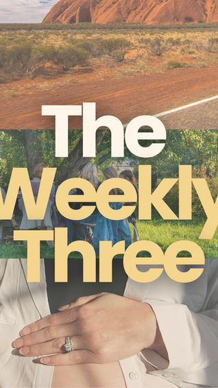 Collage with red rock landscape, group outdoors under trees, and a hand on a shirt. Text reads: The Weekly Three. Mood: harmonious.