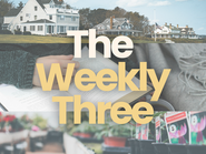 'The Weekly Three' article header featuring a lifestyle collage of a coastal Rhode Island home, somebody ready whilst holding a mug of coffee with a cosy banket and an outdoor garden centre wooden shelf with a row of plants.