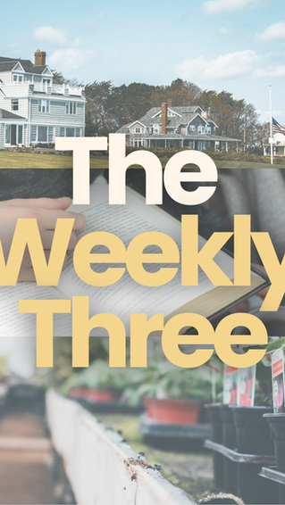 'The Weekly Three' article header featuring a lifestyle collage of a coastal Rhode Island home, somebody ready whilst holding a mug of coffee with a cosy banket and an outdoor garden centre wooden shelf with a row of plants.