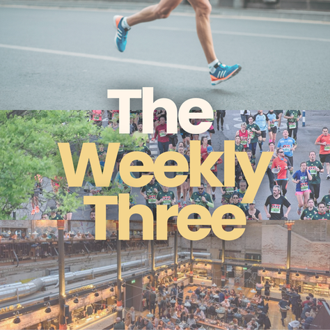 Runners in blue shoes, large text "The Weekly Three," marathon crowd, and a lively indoor market with diners are featured.