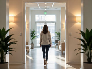 Person geht durch eine Bürotür in einen anderen Raum und symbolisiert einen beruflichen Übergang.