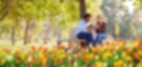 Couple assis dans un parc entouré d'un champ de tulipes