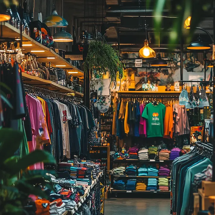 Clothing store interior with colorful apparel on display
