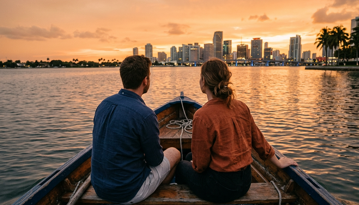 Close-up view of two people watching a Miami sunset from a boat on Biscayne Bay