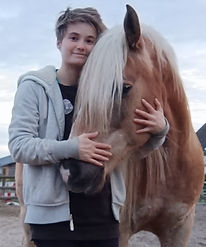 Junge Frau umarmt den Kopf eines Haflingers