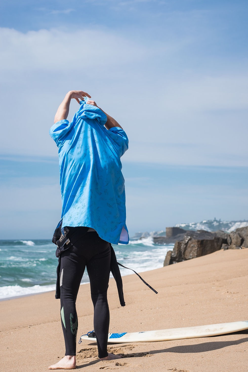 Thumbnail: a man changing into his wetsuit using his towel poncho about to go for a  surf