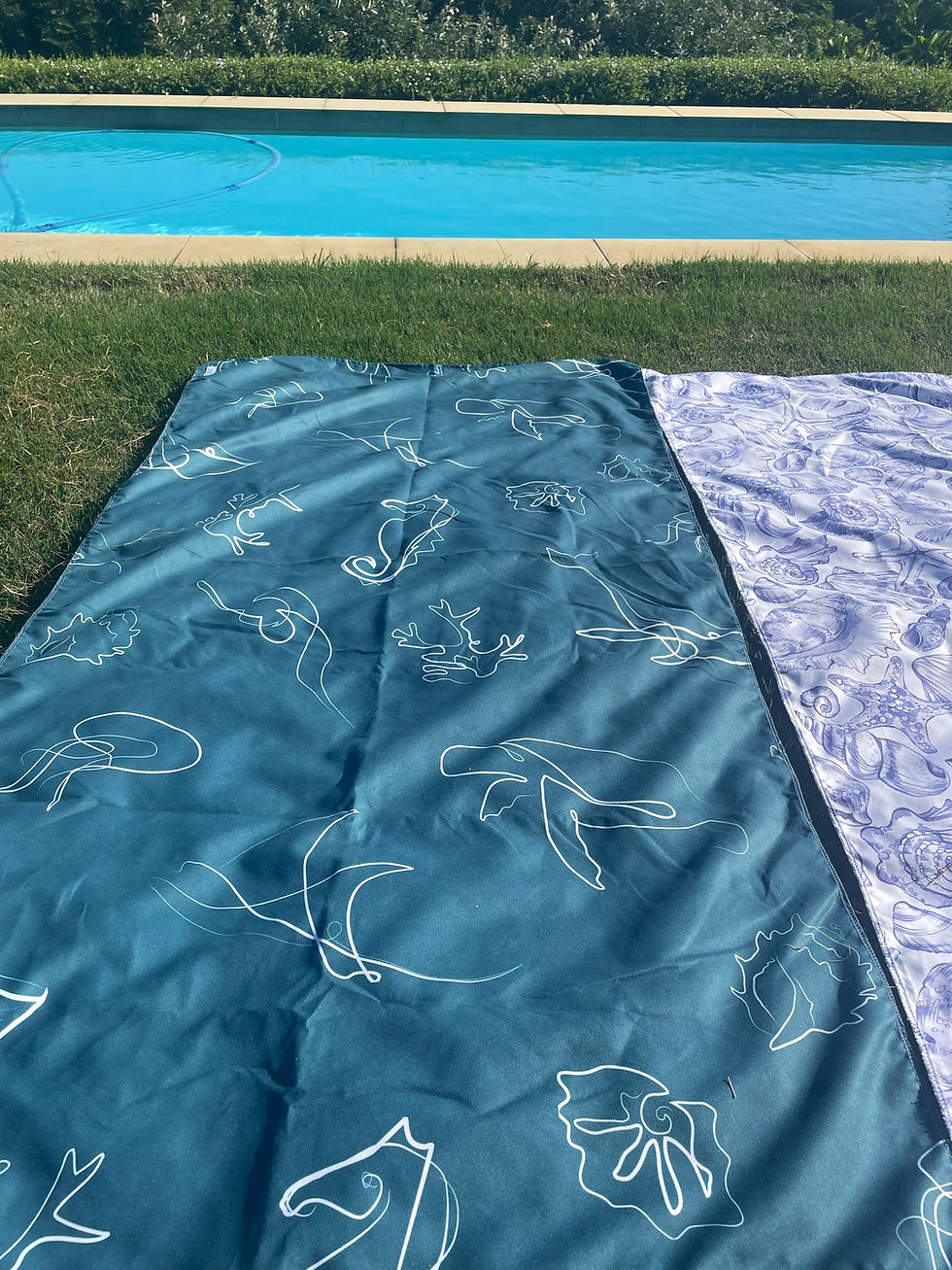 Thumbnail: sea dreaming dark quick-dry microfiber towel on the grass by the pool