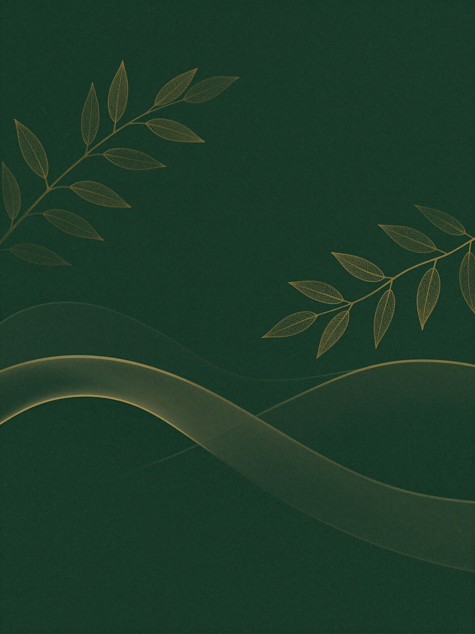 Green background with gold leaf and wave patterns.