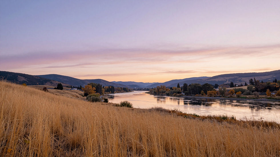 River winding through hills at sunset with a courageous heart