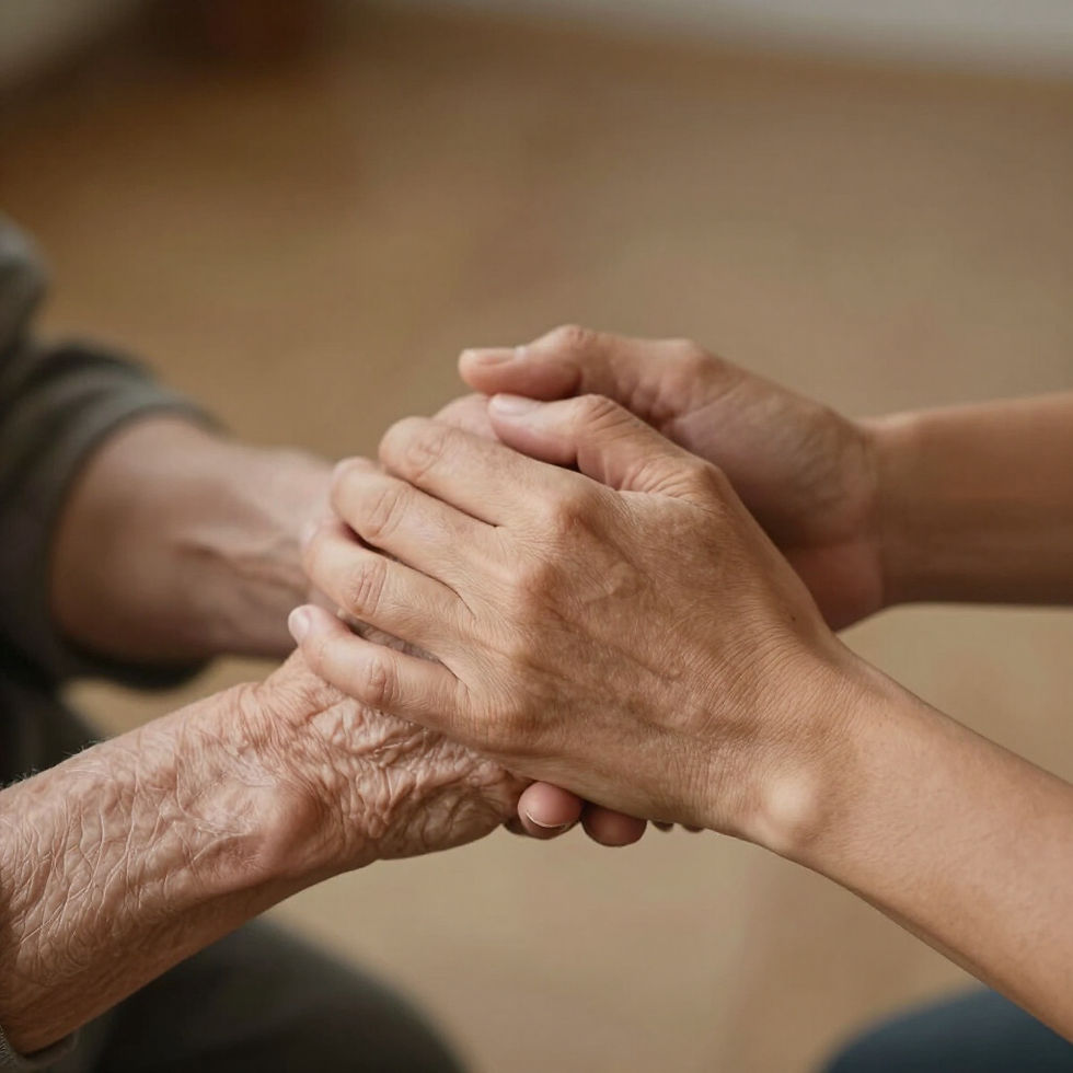 Younger hands holding an elderly hand with a courageous heart
