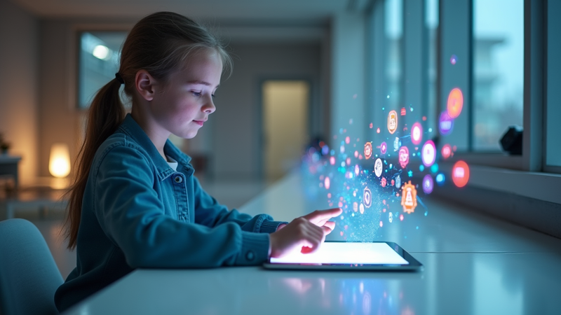 A child is building her first AI agent using vibe coding tool on the laptop