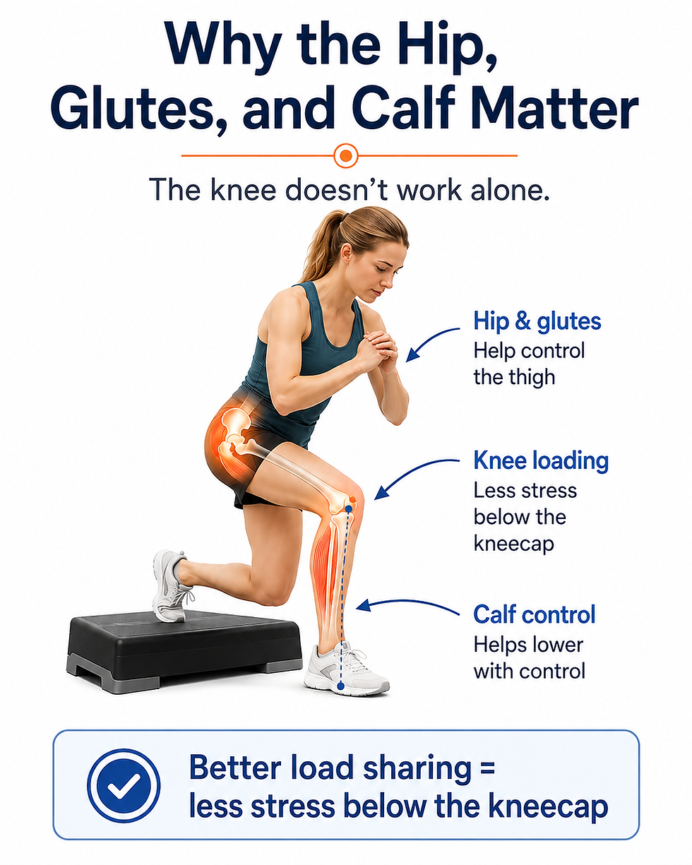 An anatomical diagram showing how hip, glute, and calf control share the load to reduce biomechanical stress below the kneecap.