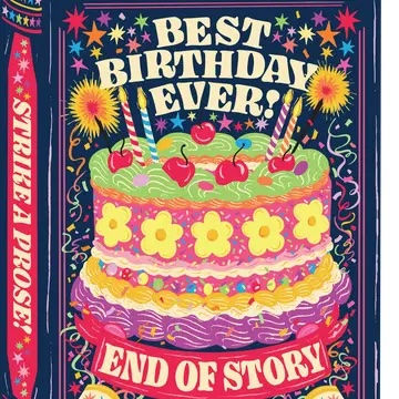 Card showing a book and saying best birthday ever, end of story