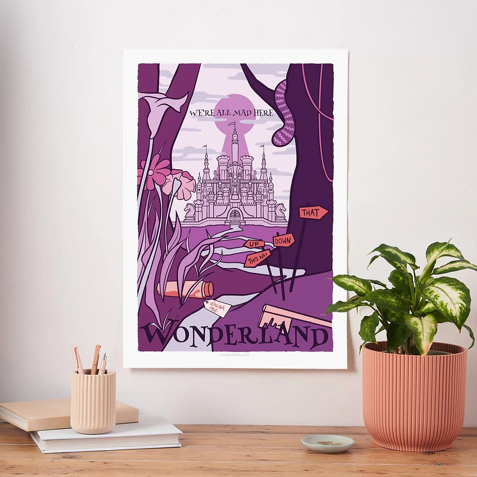 Purple poster of path towards a castle and word Wonderland