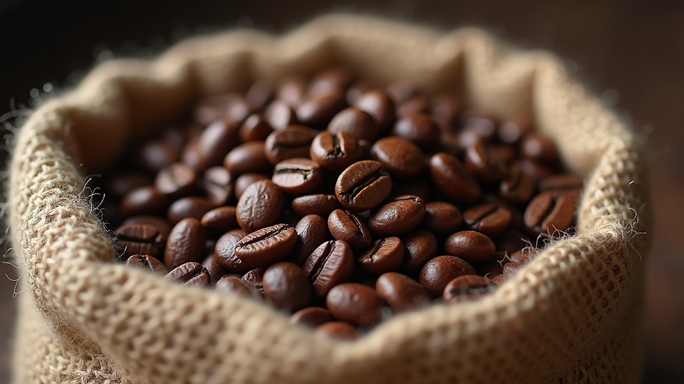 Close-up view of roasted coffee beans in a burlap sack