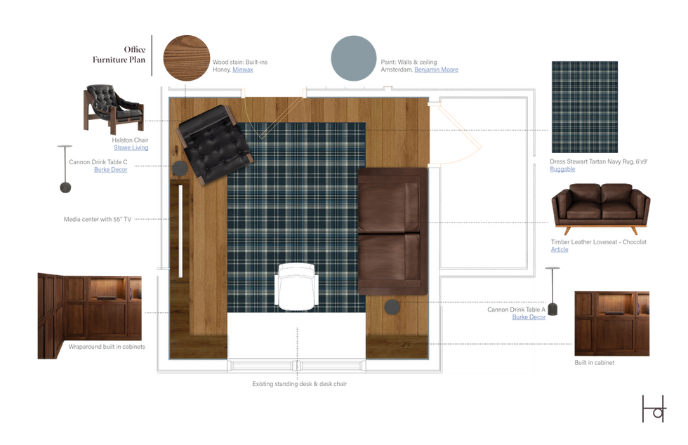 Floorplan of a dark-toned office with rich woods, plaid rug, leather seating, and integrated millwork.