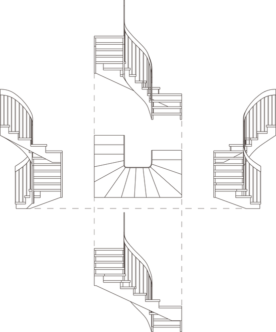 Digital design sketches showing curved staircase variations for a custom-built timber interior.