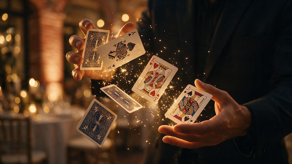 Mains de magicien réalisant un tour de cartes lors d'un événement haut de gamme à Toulouse