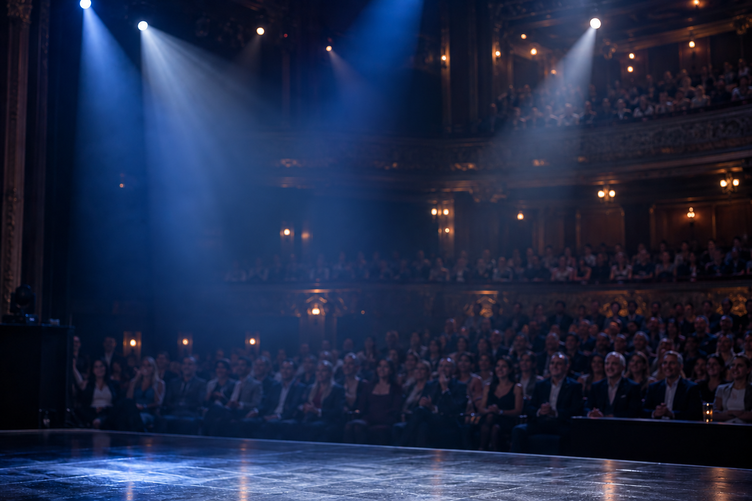 Scène de théâtre sans personnage, public et éclairages bleus