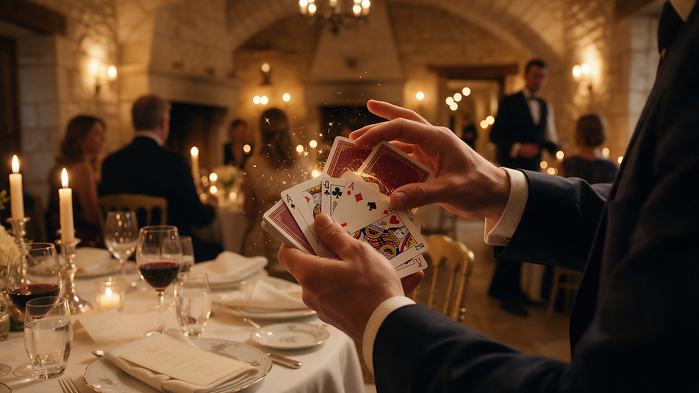 Mains de magicien réalisant un tour de cartes élégant lors d'une réception gastronomique dans un cadre raffiné à Périgueux en Dordogne
