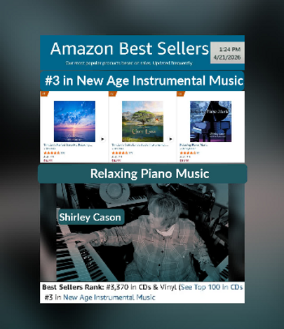 Shirley Cason at piano with Relaxing Piano Music album ranked #3 on Amazon New Age Instrumental chart
