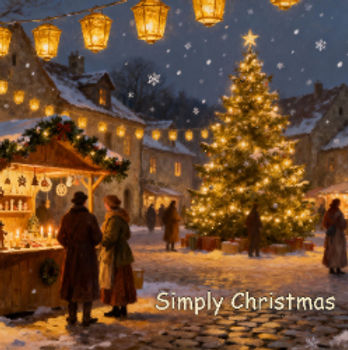 A cozy Christmas village scene at night with warm lanterns hanging above a snowy street. Two people stand near a wooden market stall filled with holiday items, while a beautifully lit Christmas tree glows in the town square. Snowflakes gently fall, creating a peaceful winter atmosphere. The words “Simply Christmas” appear at the bottom. Peaceful Christmas Music - free download