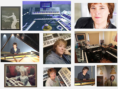 Photo collage featuring pianist and composer Shirley Cason performing, recording, and creating music in different studio sett