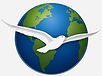 Peaceful World Music logo featuring a white seagull flying over a blue and green globe, representing Shirley Cason's relaxing piano, instrumental, and calming music.