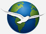 Peaceful World Music logo featuring a white seagull flying over a blue and green globe, representing Shirley Cason's relaxing piano, instrumental, and calming music.