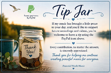 Support Peaceful World Music with Shirley Cason's Tip Jar. Help support independent relaxing piano and instrumental music, videos, and future recordings.