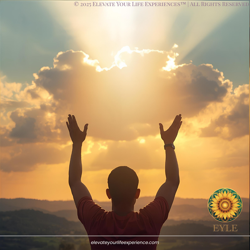 Person praying with light rays, representing faith, hope, and resilience